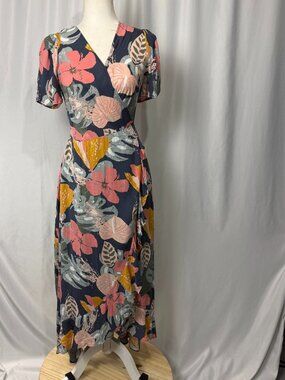 NWT Polagram Navy Floral Wrap Maxi Dress Short Sleeve Sz S
